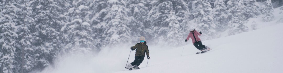 Twee skiërs op een besneeuwde helling met een beboste achtergrond. | © INTERSPORT International Corporation GmbH