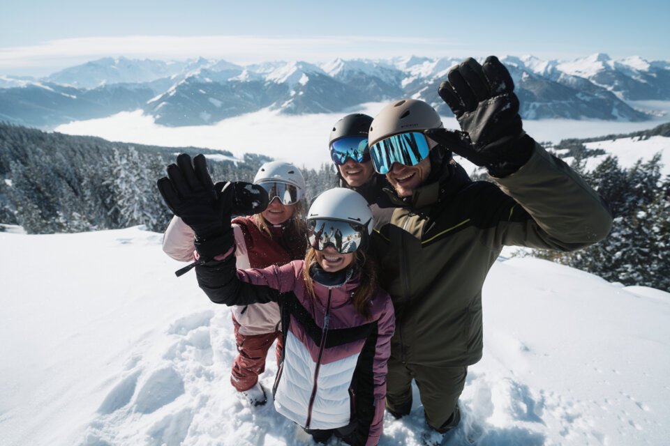 © INTERSPORT International Corporation GmbH Group of four skiers waving in the mountains. | © INTERSPORT International Corporation GmbH