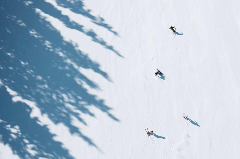 © INTERSPORT International Corporation GmbH Vue aérienne de skieurs et d'un snowboardeur sur une pente enneigée avec des ombres d'arbres. | © INTERSPORT International Corporation GmbH