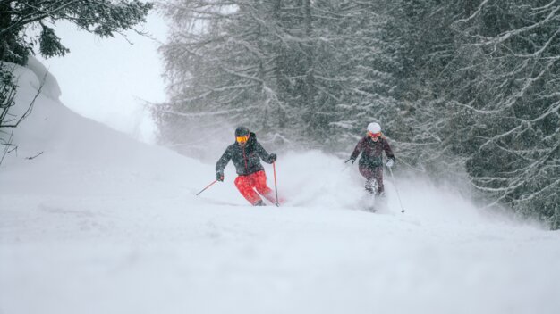 Deux skieurs dévalent une pente enneigée sous la neige.