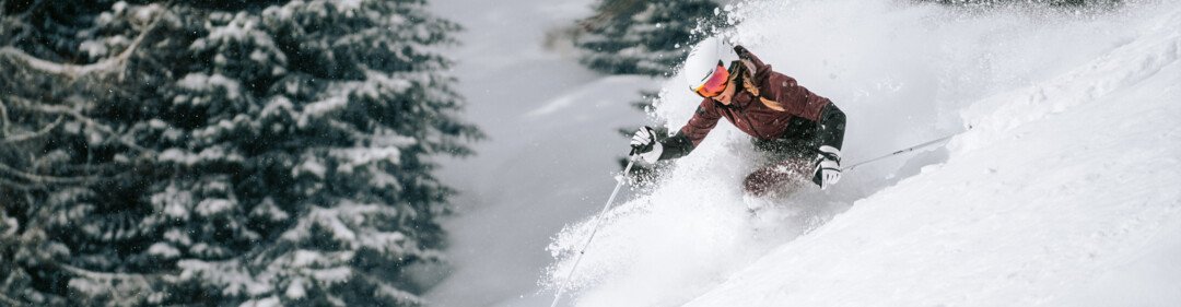 Skieuse dans la poudreuse près des arbres enneigés