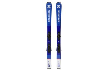 Paar blaue Salomon S/Race JR Skier mit Bindungen.
