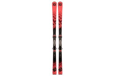Een paar rode en zwarte Völkl RaceTiger GS ski's met bindingen.