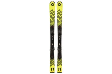 Une paire de skis Völkl Race Tiger jaunes et noirs avec fixations.