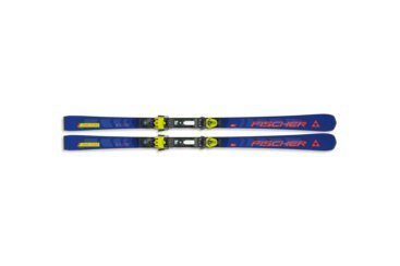 Paire de skis Fischer bleus avec fixations jaunes.