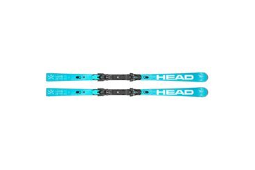 A pair of light blue HEAD skis with bindings.