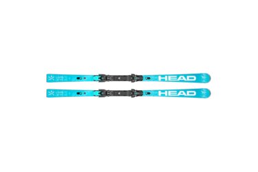 A pair of light blue HEAD skis with bindings.