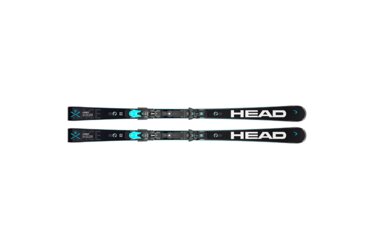 Een paar zwarte Head ski's met blauwe accenten.