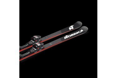 Pair of Nordica skis on a black background